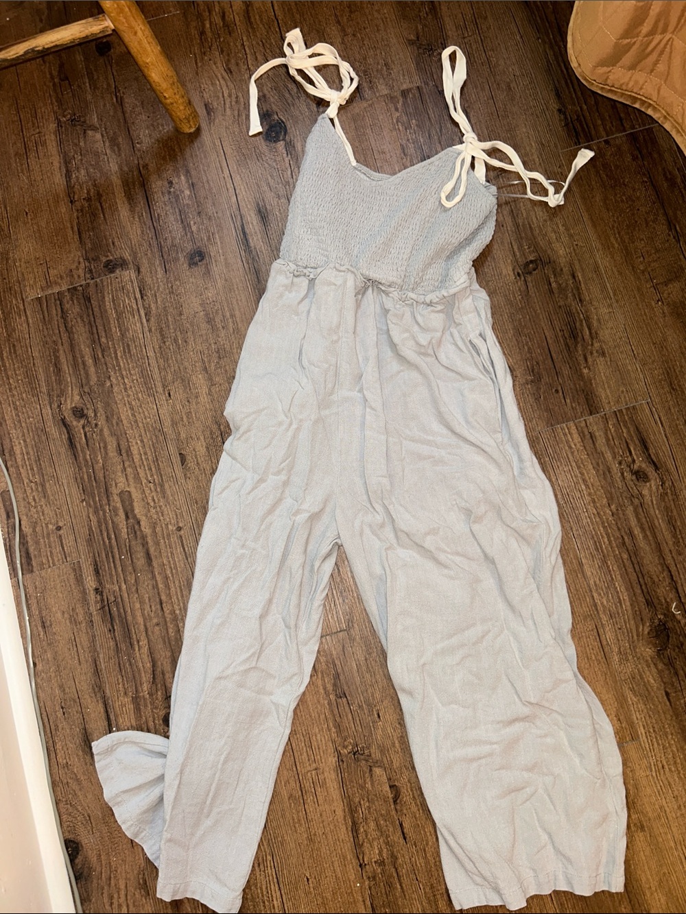 Smocked Tie-Shoulder Light Gray Jumpsuit
